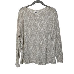 Arula Women's Cream Sheer Lace Long Sleeve Shirt Lettuce Hem Coquette Edwardian